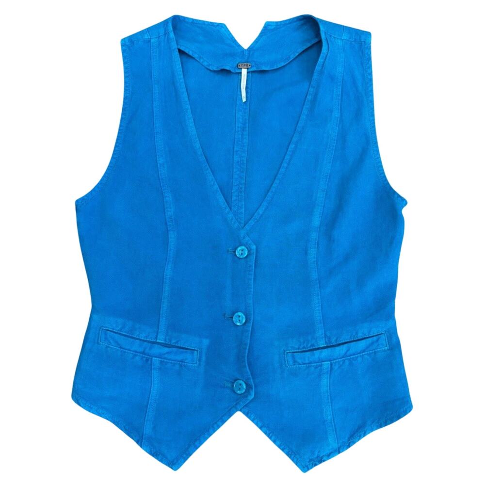 YFB Vest Top Sz Medium Linen Blend Button Up Blue A001556